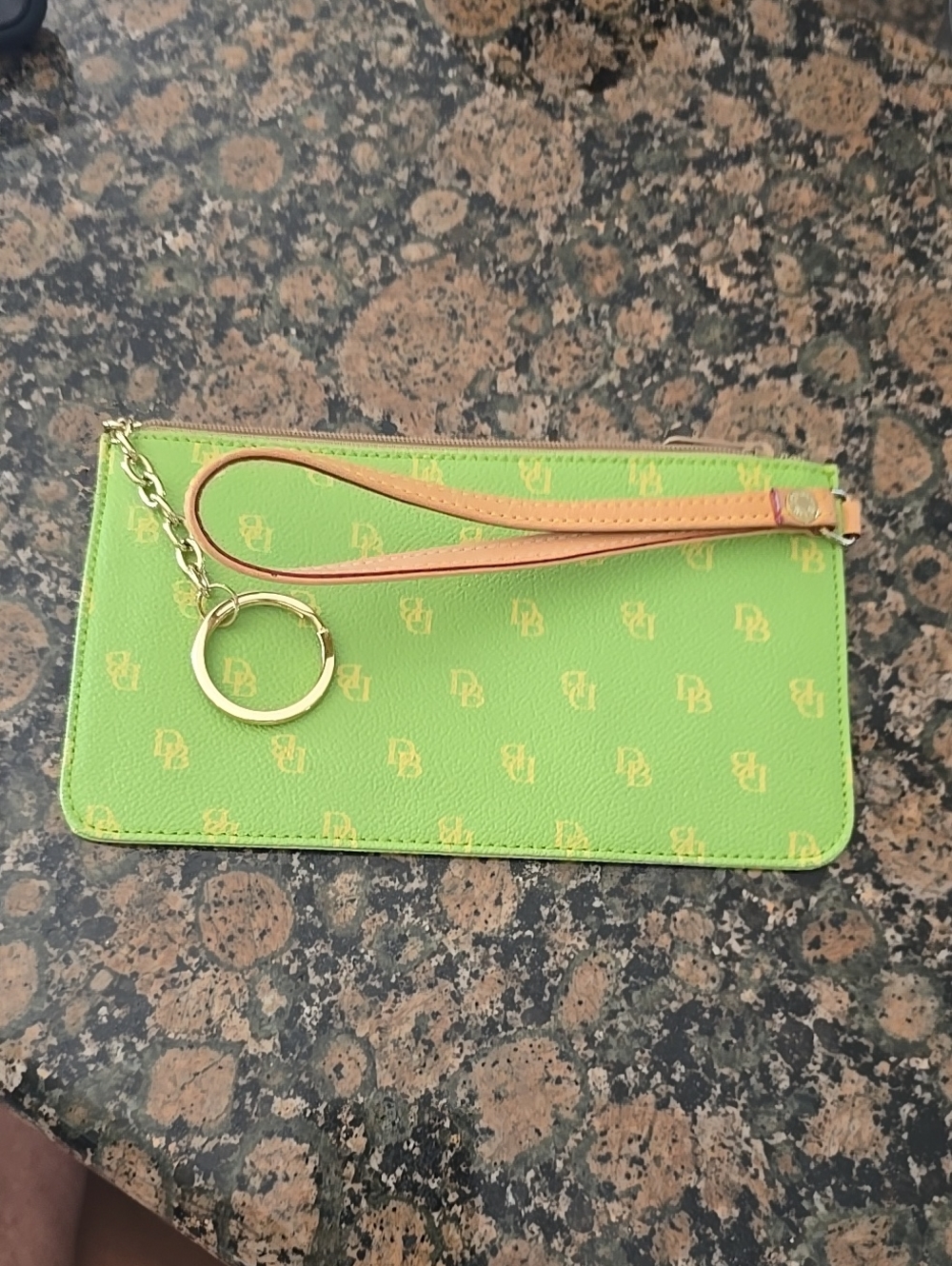 Dooney & Bourke Lime Green Monogram Wristlet with Tan Strap and Gold Hardware